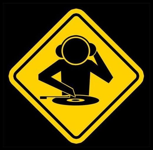Road sign with DJ working a record.